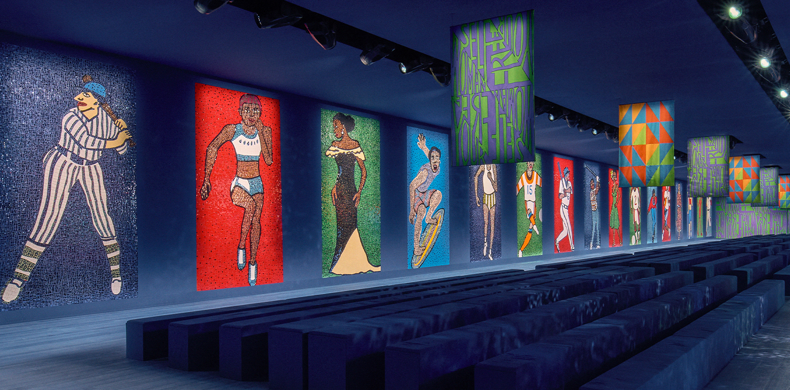 Le décor du défilé Dior haute couture inspiré des œuvres de Faith Ringgold. © Adrien Dirand © Faith Ringgold @acagalleries © Chanakya School of Craft.