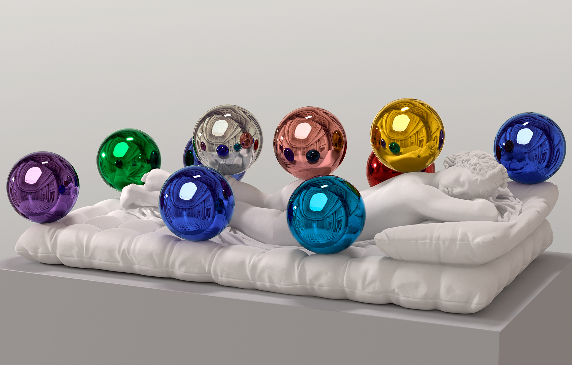 Jeff Koons, *(Sleeping Hermaphrodite) Gazing Balls*, 2025 Exposition Copistes au Centre Pompidou-Metz Plâtre et verre, 60.6 x 179.5 x 100.3 cm Edition 1 d'une édition de 3 plus 1 AP © Jeff Koons